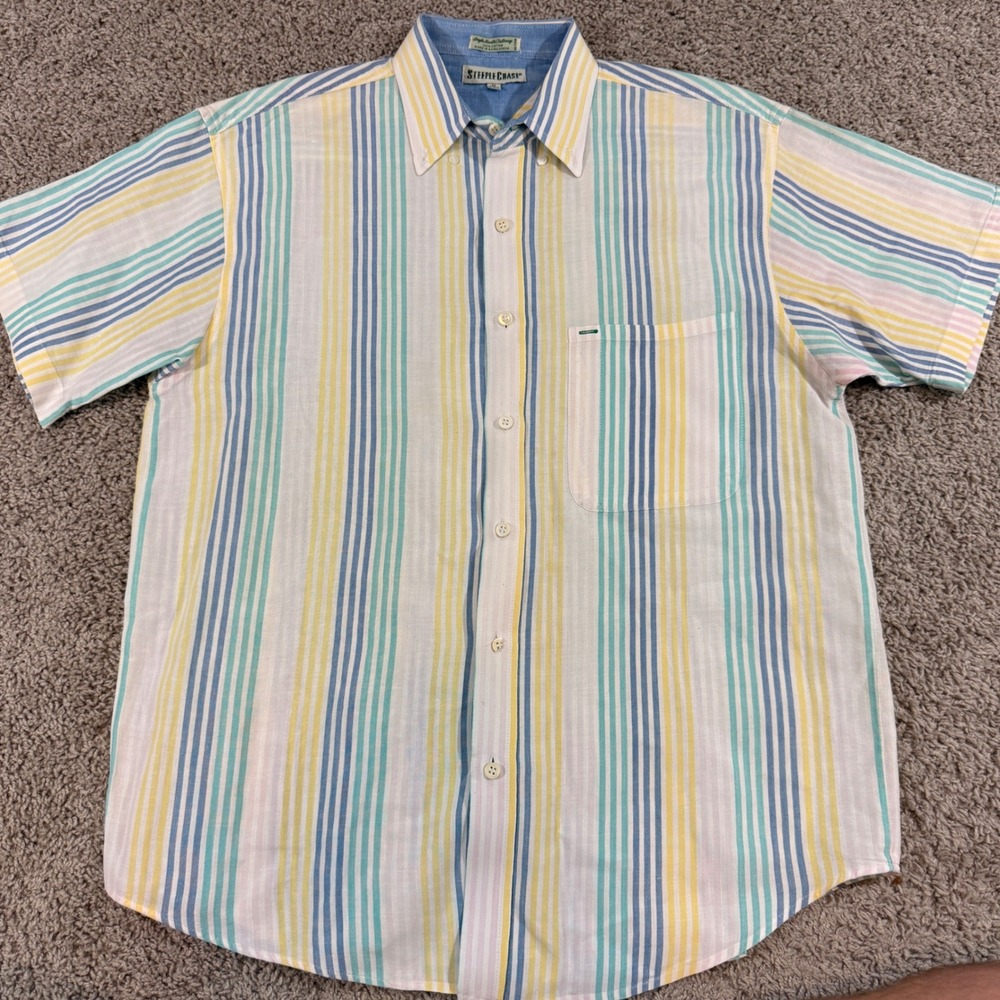 Steeple Chase Striped Button Down Mens Medium Multicolor Short Sleeve Good Shirt